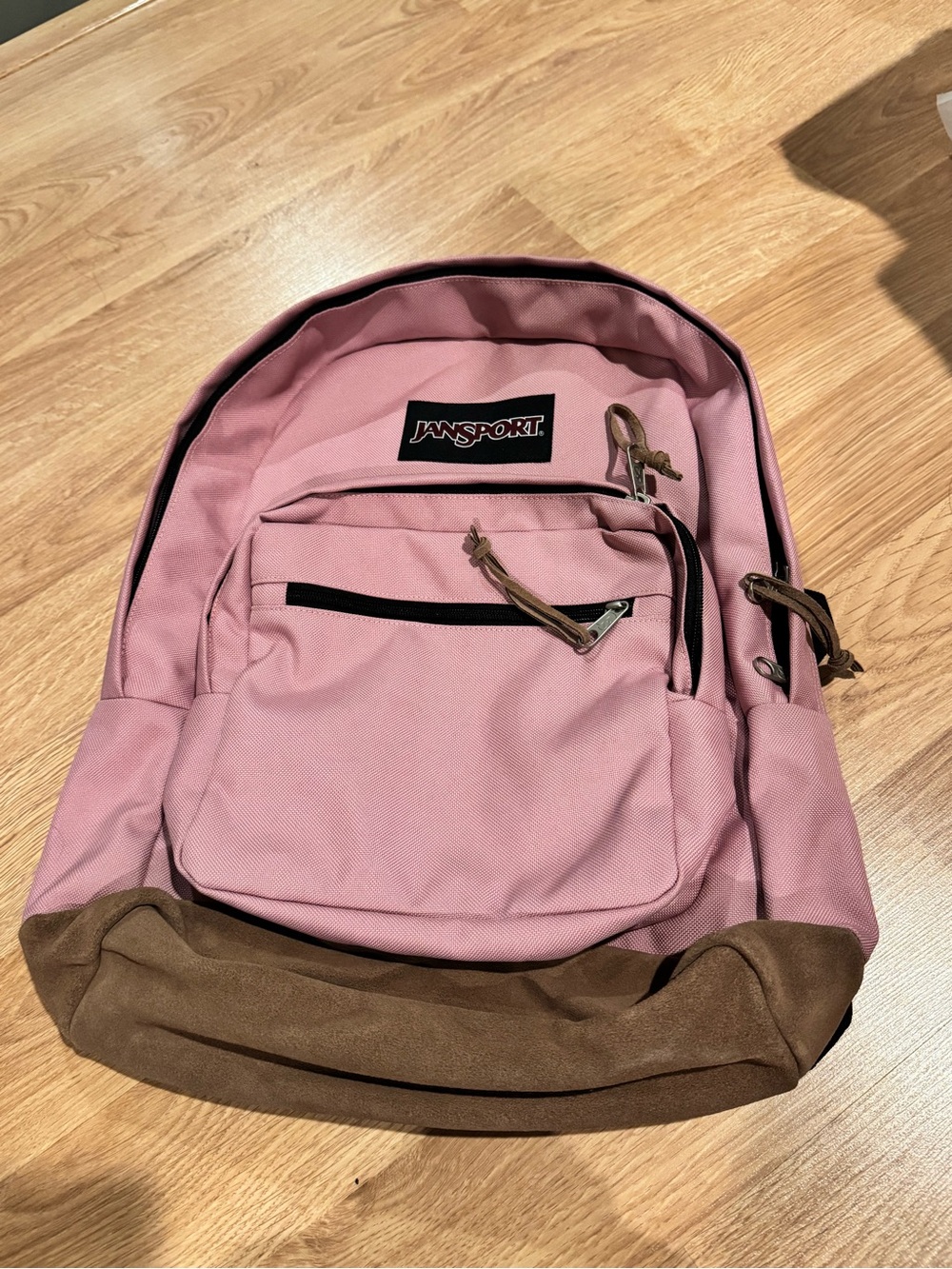 JanSport Pink Backpack with Brown Suede Base